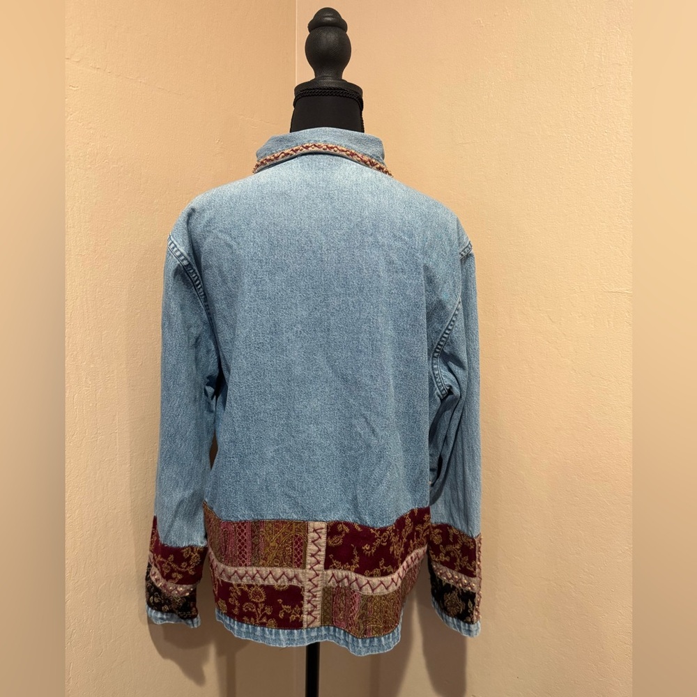 Vintage Units Patchwork Jean Jacket with Burgundy… - image 2